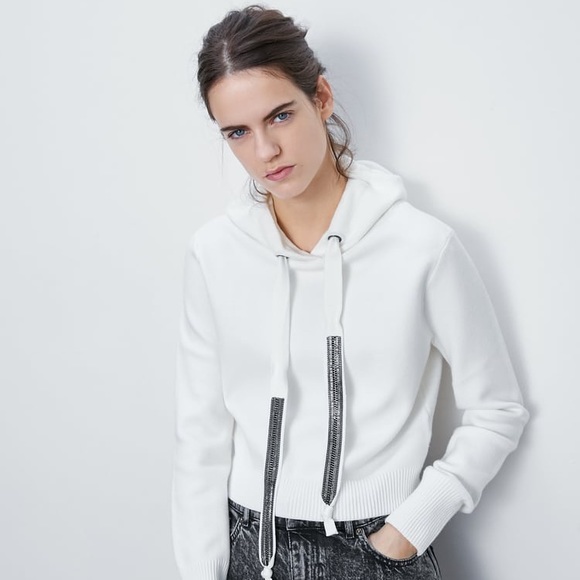 Zara Tops - ZARA Knit White Hooded Sweatshirt with Beading